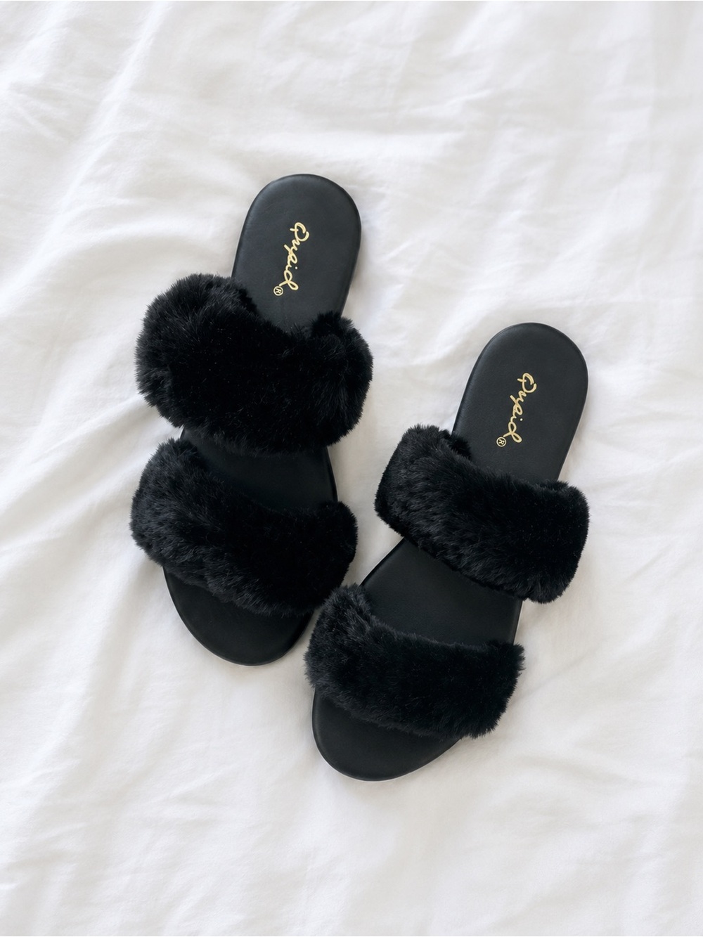Black fuzzy fur slides slippers double band slip on sandals